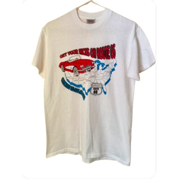 90s VTG Get Your Kicks On Route 66 T-Shirt Size M Unisex White Graphic - Picture 1 of 7